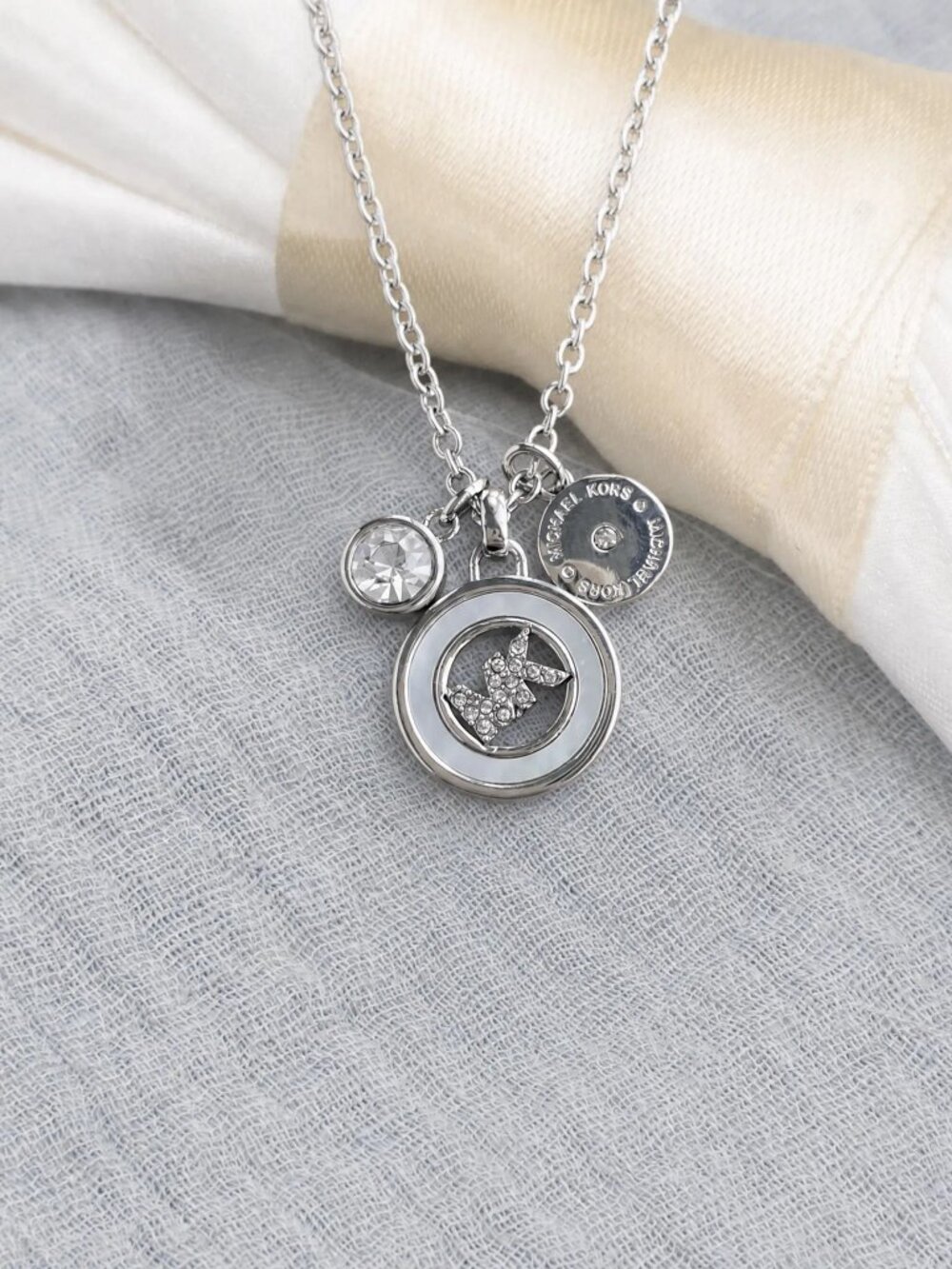 Michael Kors Crystal Logo Triple Charm Necklace - Silver